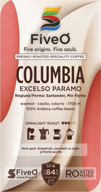 FiveO Columbia Excelso Paramo coffee packaging with branding and product details.