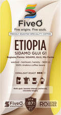 FiveO Ethiopia Sidamo Guji G1 coffee package with branding and product details.