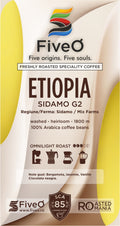 FiveO coffee package with Ethiopia Sidamo G2 branding and coffee bean information.