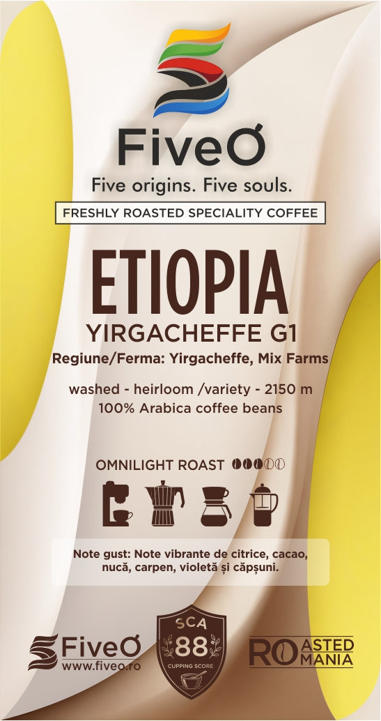 FiveO coffee package with Ethiopia Yirgacheffe G1 coffee details