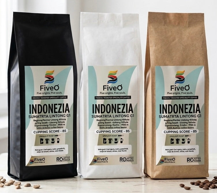 Three FiveO coffee bags labeled 'Indonezia' on a wooden surface with a white background.