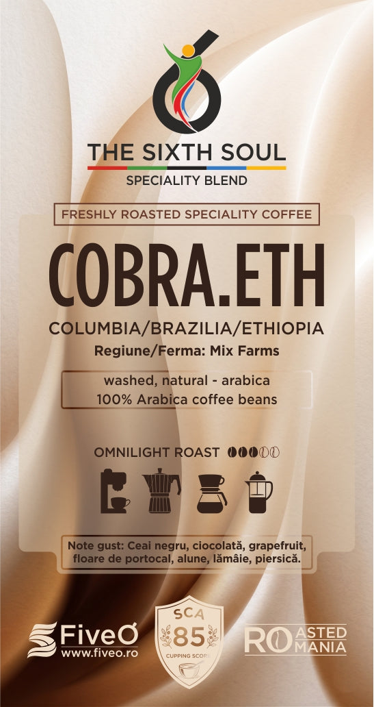 Coffee packaging for 'The Sixth Soul' specialty blend with 'Cobra.Eth' label