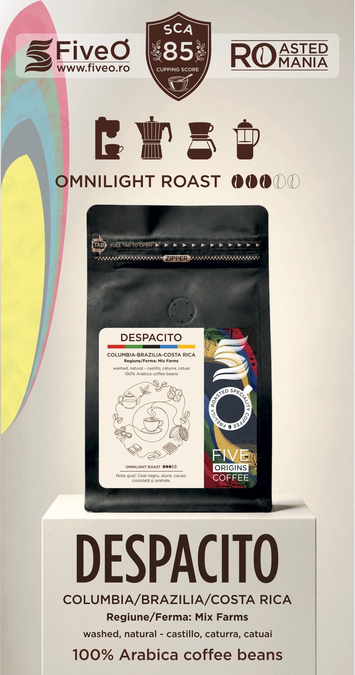 A coffee bag product display on a pedestal with branding for FiveO and SCAs 85, featuring the Despacito Colombia/Brazilia/Costa Rica coffee beans.