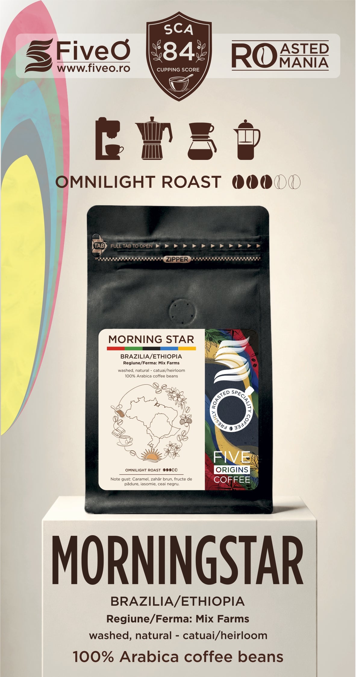 A package of FiveO Morning Star Omnilight Roast coffee beans displayed on a white pedestal. The product packaging is a black stand-up pouch with a white and multicolor label.