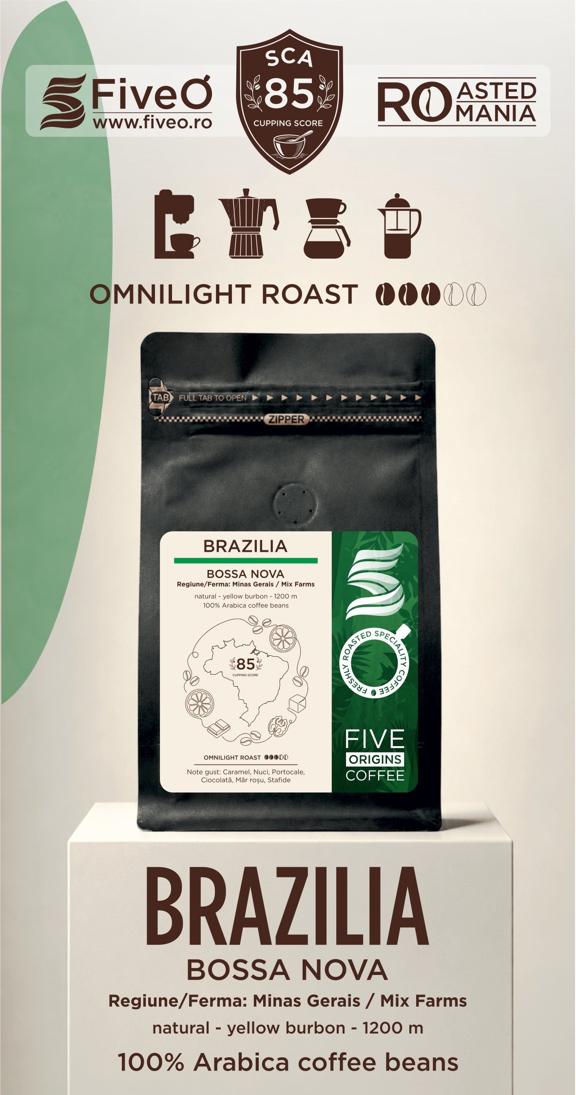 A bag of Five O' Coffee Brazilia Bossa Nova coffee beans displayed on a white pedestal. The packaging features a black resealable pouch with a white and green label, set against a white background with green and brown graphic accents and text detailing the roast and origin.