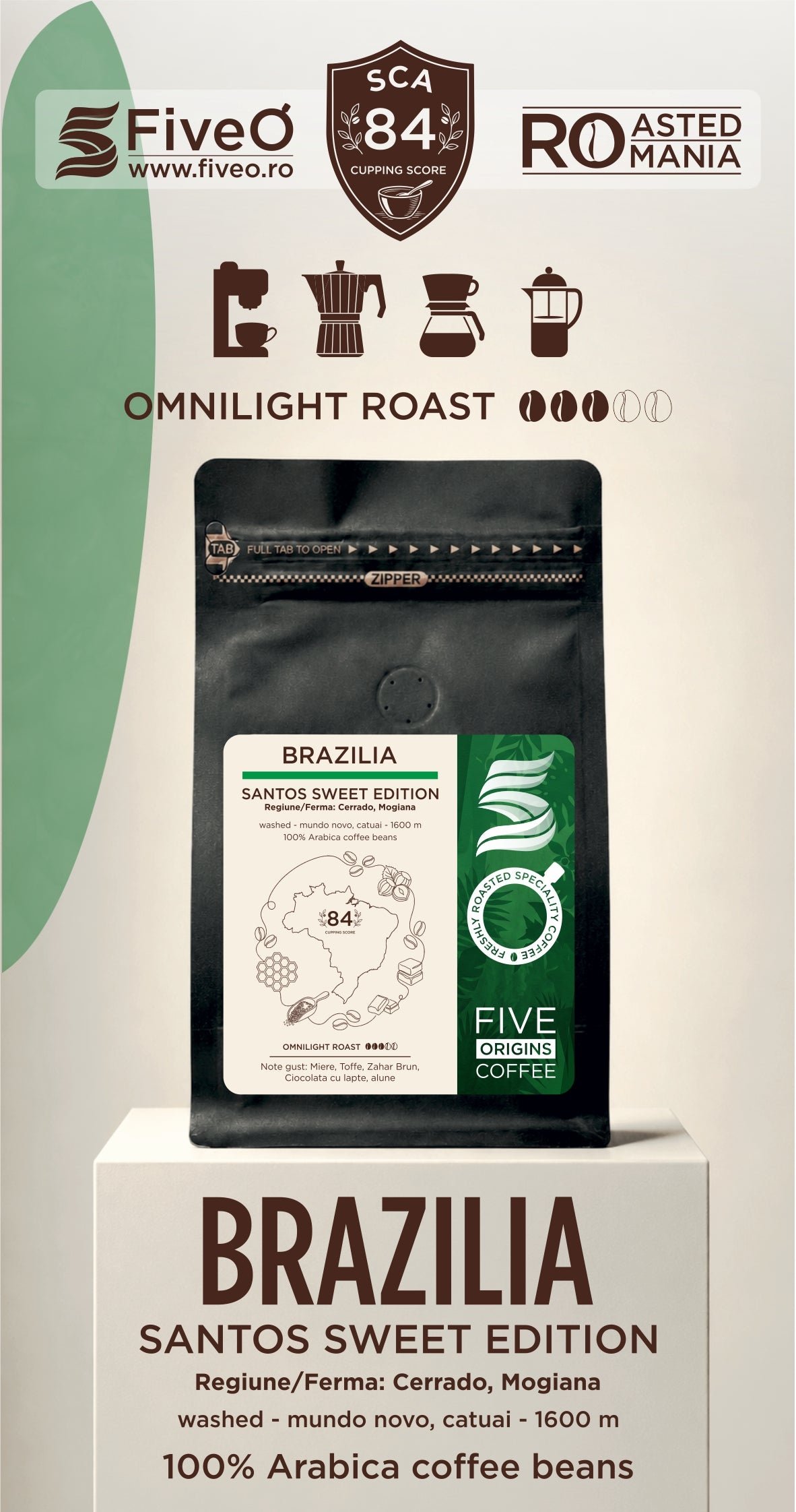 A bag of Five O' Coffee Brazilia Bossa Nova coffee beans displayed on a white pedestal. The packaging features a black resealable pouch with a white and green label, set against a white background with green and brown graphic accents and text detailing the roast and origin.