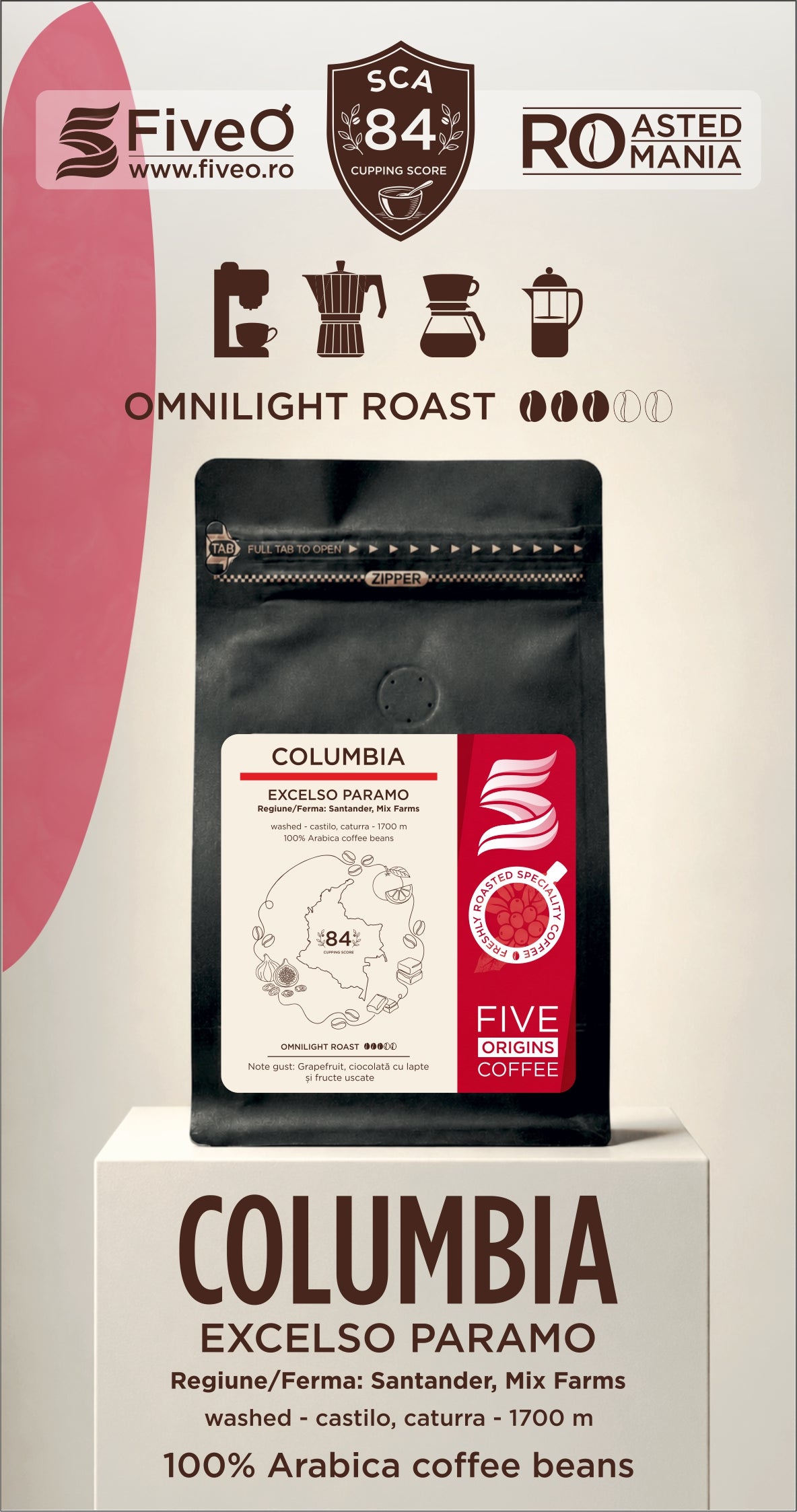 A package of Five O Coffee's Columbia Excelso Paramo coffee beans, displayed on a white pedestal. The product is shown in a black stand-up pouch with a white and red label.