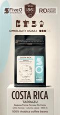 A bag of FiveO Costa Rica Tarrazu coffee beans displayed on a white pedestal, with branding and roast information shown above on a light beige background. This is the best single origin speciality coffee from tarrazu costa rica