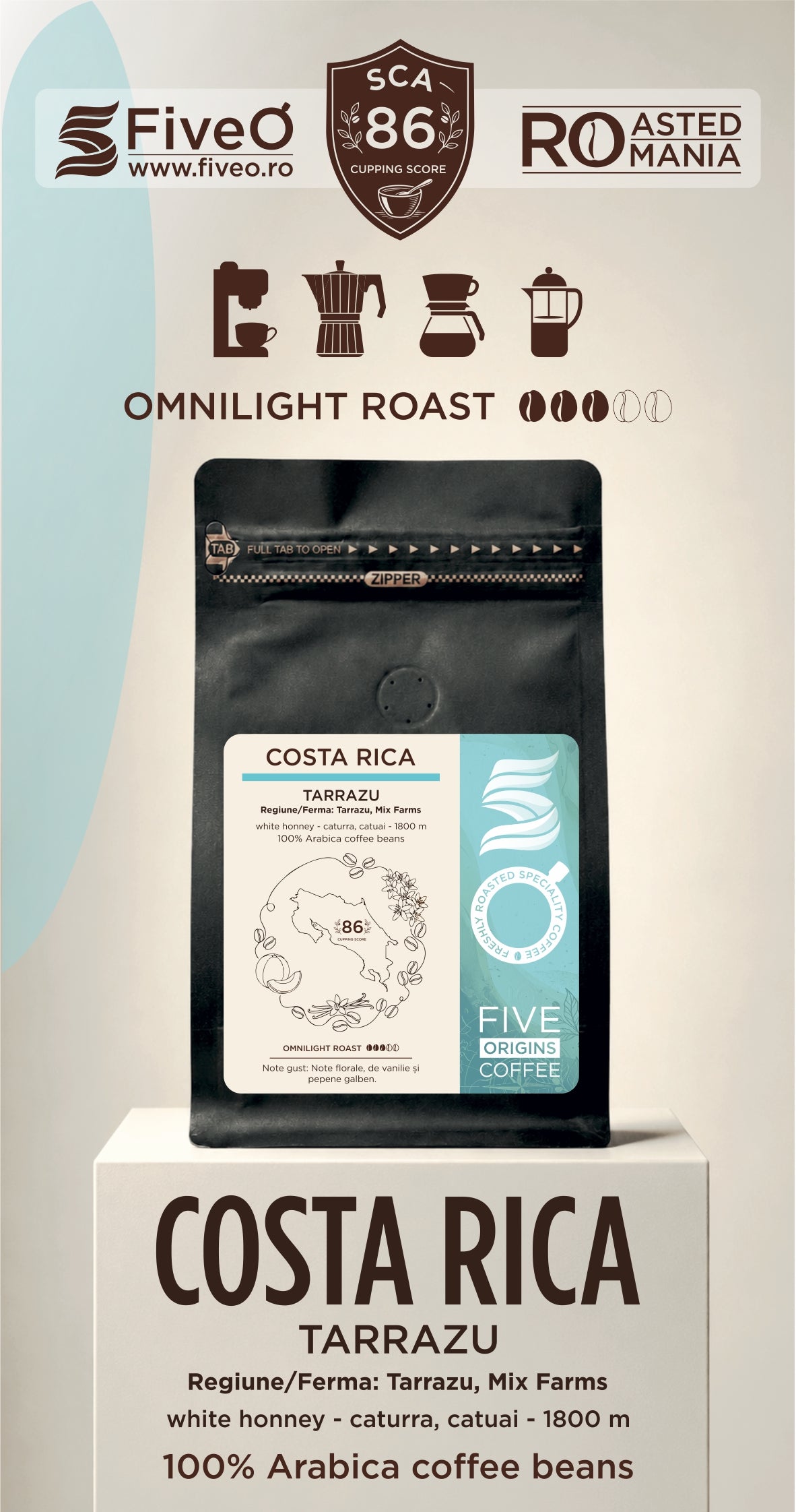 A bag of FiveO Costa Rica Tarrazu coffee beans displayed on a white pedestal, with branding and roast information shown above on a light beige background. This is the best single origin speciality coffee from tarrazu costa rica