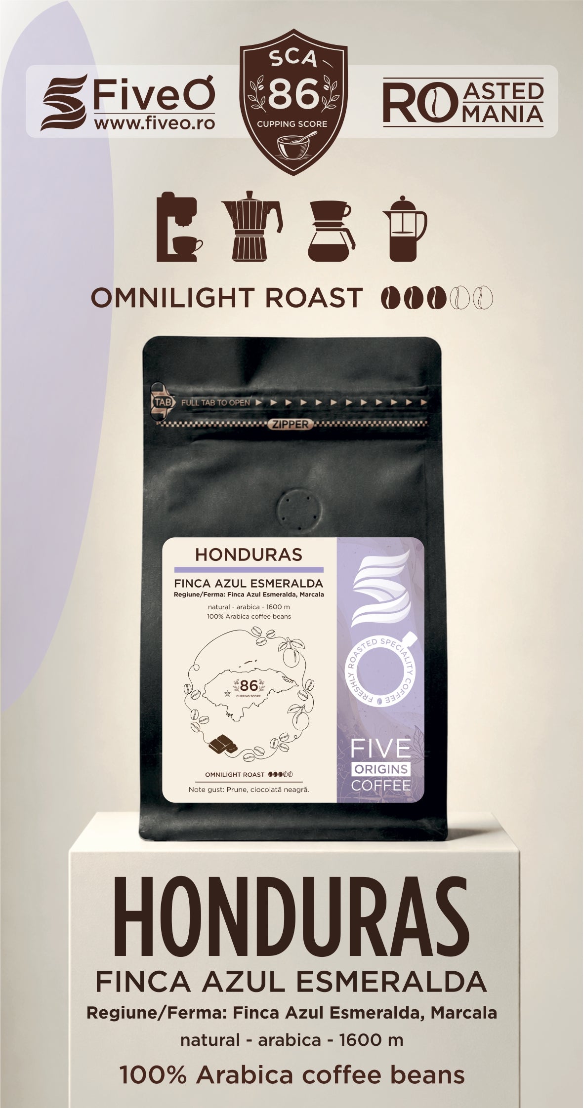 A package of FiveO Omnilight Roast Honduras coffee beans displayed on a white pedestal. The product packaging is a black stand-up pouch with a white and purple label. The best single origin speciality coffee frm honduras