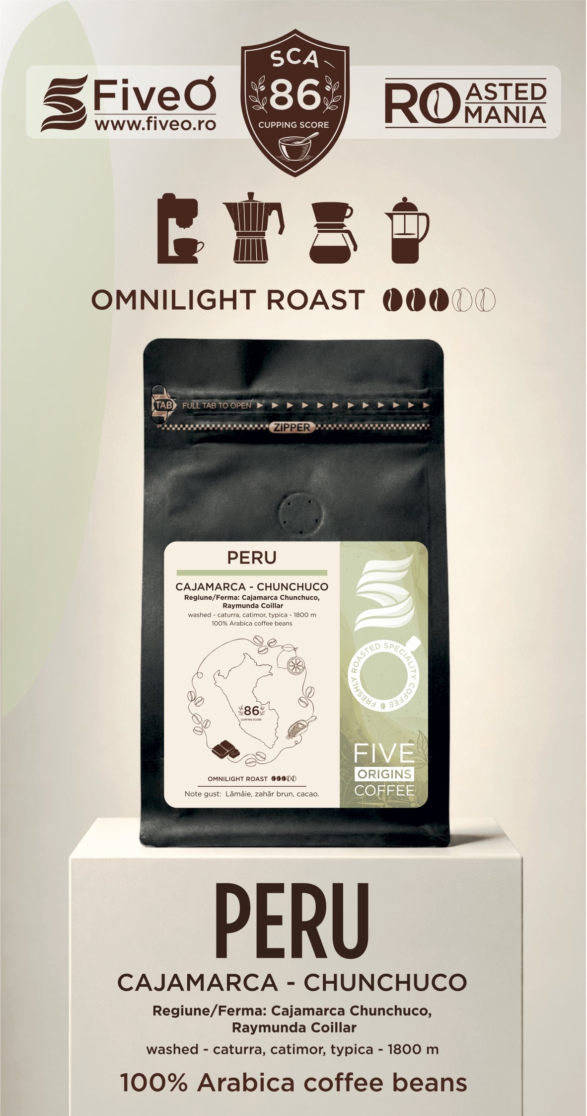 A black coffee bean bag labeled 'PERU' and 'CAJAMARCA - CHUNCHUCO' stands on a white pedestal against a beige background. The image includes branding for Five O, SCA 86, and Roasted in Romania, along with icons for espresso, cappuccino, and latte, and text describing the coffee as washed, medium-omni, and 100% Arabica.