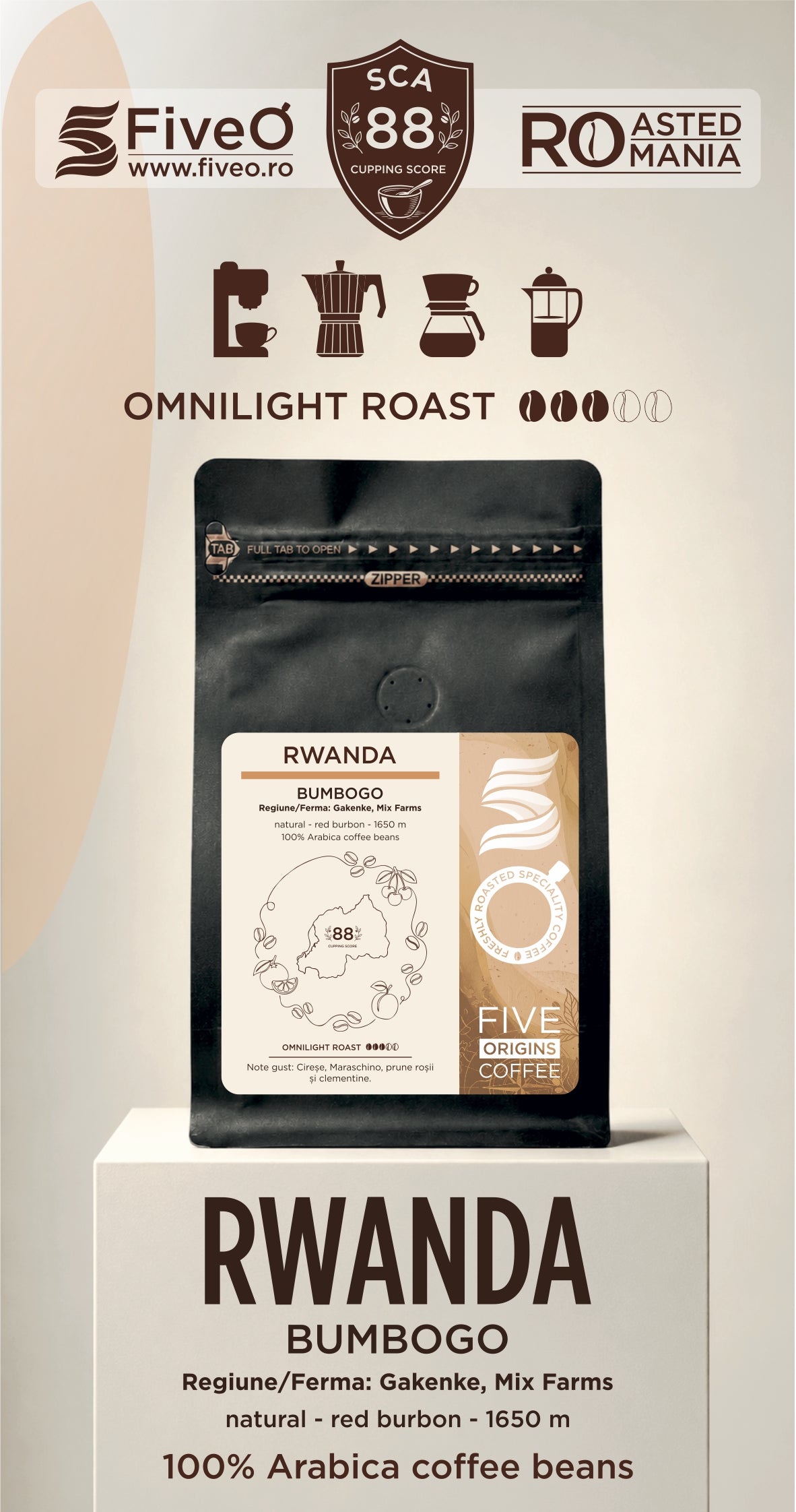 A coffee bag labeled 'RWANDA BUMBAGO' displayed on a pedestal with branding and roast information above it. The product appears to be a matte black coffee pouch with a cream and tan label. The best single origin speciality coffee from rwanda.