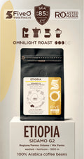 A bag of FiveO Omnilight Roast Ethiopia Sidamo G2 coffee beans displayed on a pedestal with brand and roast information above. perfectly roasted to a omni profile in romania