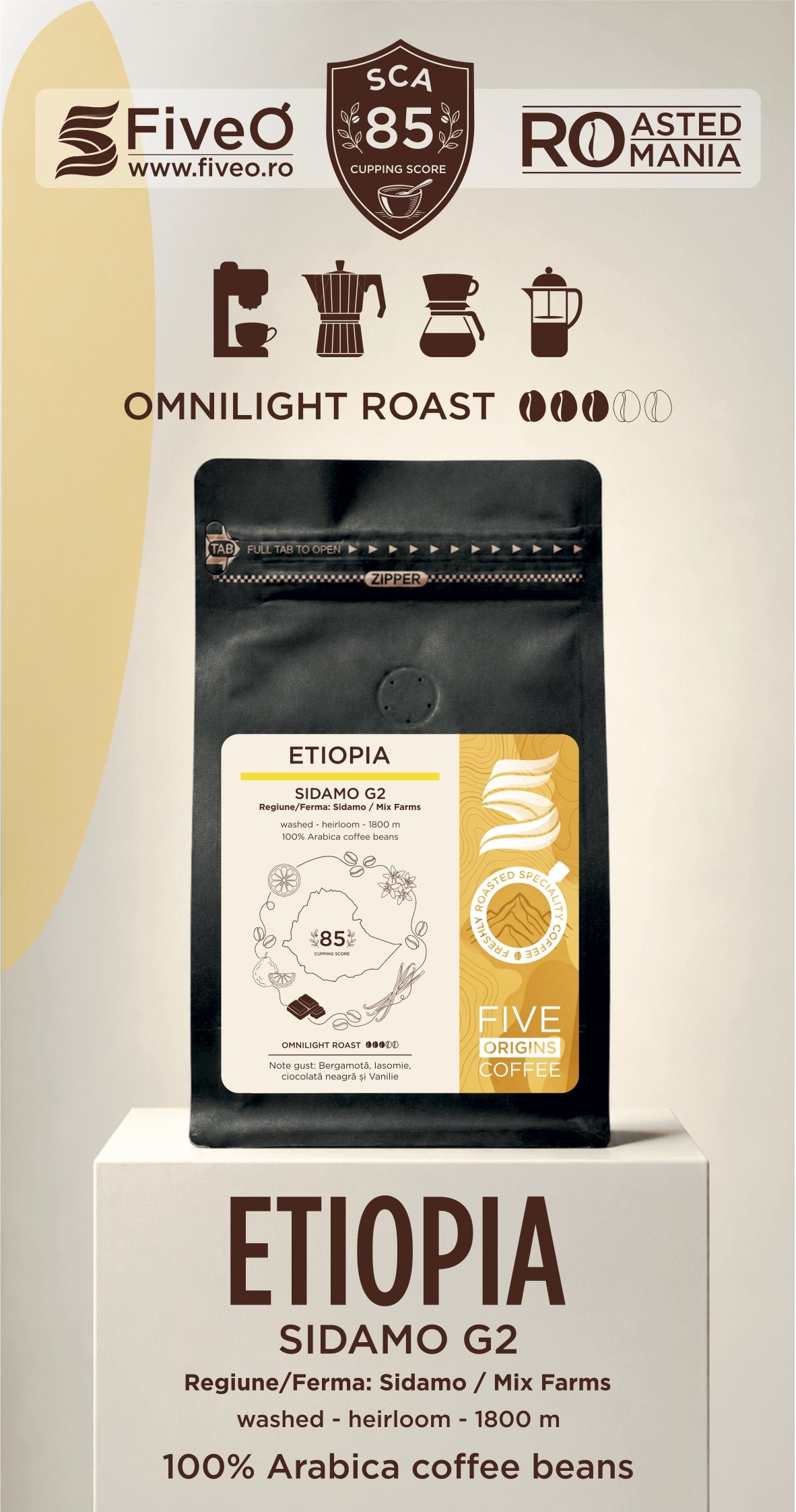 A bag of FiveO Omnilight Roast Ethiopia Sidamo G2 coffee beans displayed on a pedestal with brand and roast information above. perfectly roasted to a omni profile in romania