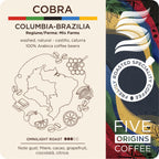 eticheta produsului Cafea de specialitate Five Origins Cobra Columbia Brazilia, blend arabica cu note de miere, cacao, grapefruit, ciocolată și citrice