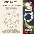 eticheta produs Cafea de specialitate Five Origins COBRA.ETH blend Columbia Brazilia Etiopia cu note de ceai negru, ciocolată, grapefruit, floare de portocal, alune, lămâie și piersică