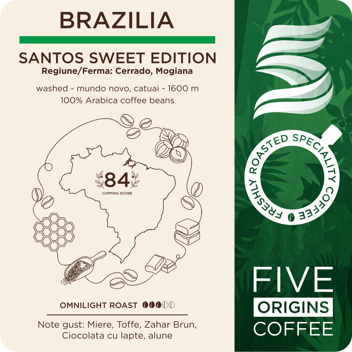 A coffee label design for 'Santos Sweet Edition' from Five Origins Coffee, featuring a beige left side with product details, a map of Brazil, and a dark green right side with the brand logo and name.
