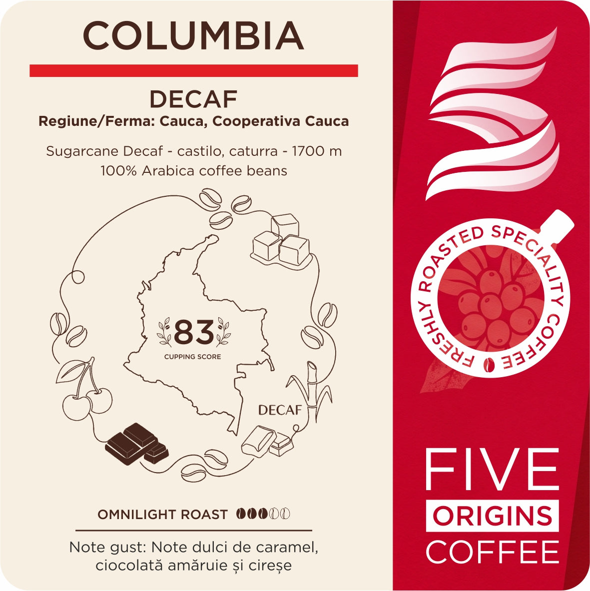 eticheta produsului Pungă de cafea Columbia Decaf Five Origins Coffee, cu note de caramel, ciocolată amăruie și cireșe, fotografiată premium pe fundal cald cu munți subtili.