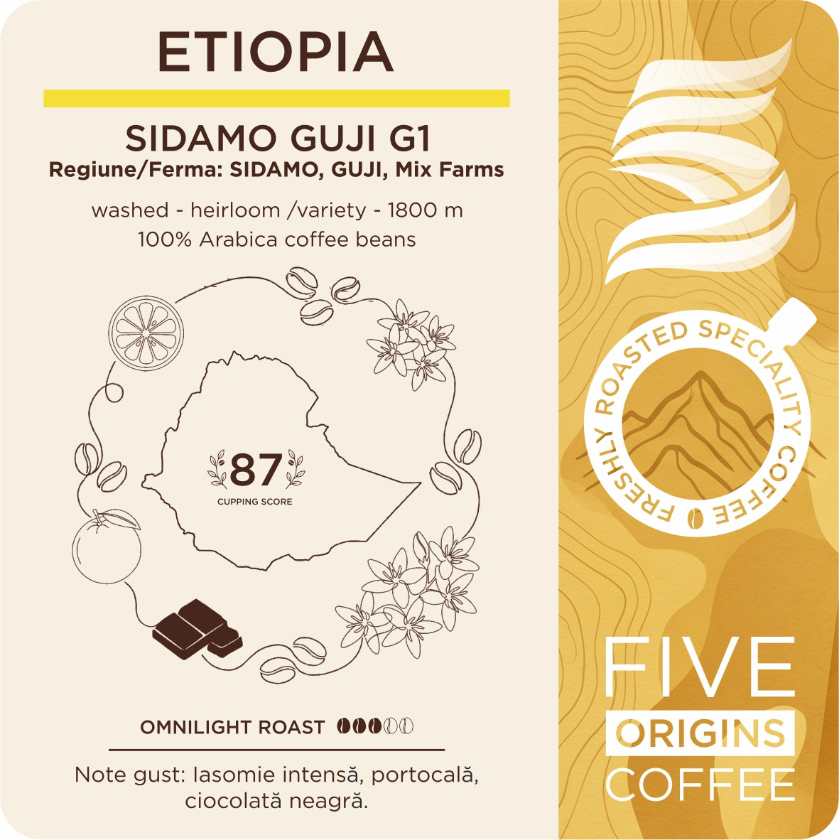 eticheta produsului Cafea de specialitate Five Origins Etiopia Sidamo Guji G1, cu note de iasomie, portocală și ciocolată neagră.