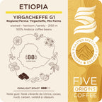 eticheta produs Pungă cafea de specialitate Etiopia Yirgacheffe G1 Five Origins Coffee, prăjire omnilight, cu note vibrante de citrice, cacao, nucă, violetă și căpșuni