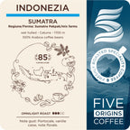 eticheta produsului Cafea de specialitate Five Origins Indonezia Sumatra, Wet-Hulled, cu note de ceai negru, cedru, grapefruit, coajă de lămâie, citrice și flori