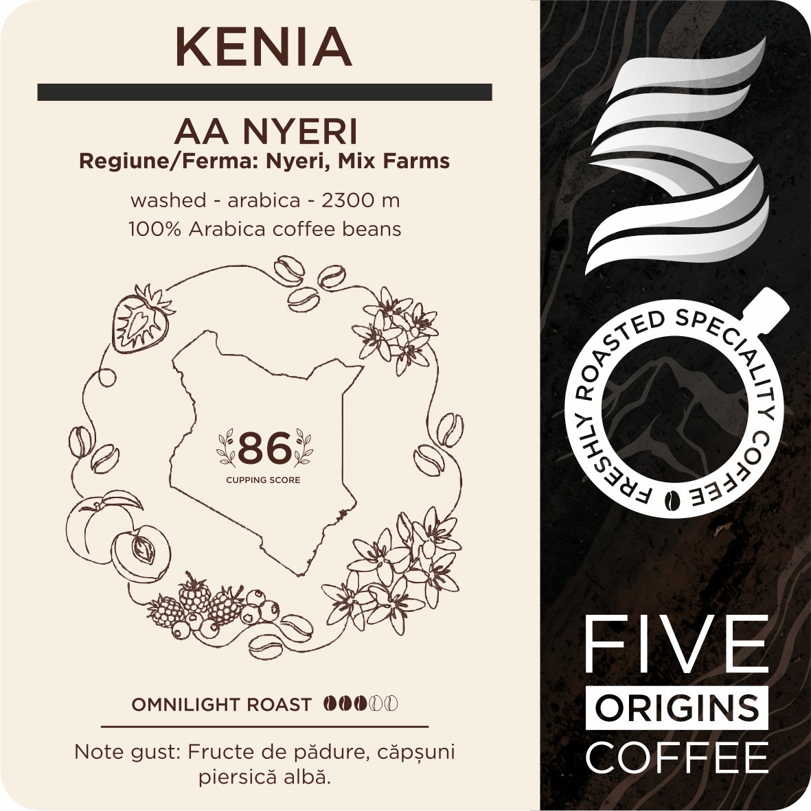 eticheta produs Cafea de specialitate Five Origins Kenia AA Nyeri, boabe 100% Arabica, procesare washed, cu note de fructe de pădure, căpșuni și piersică albă