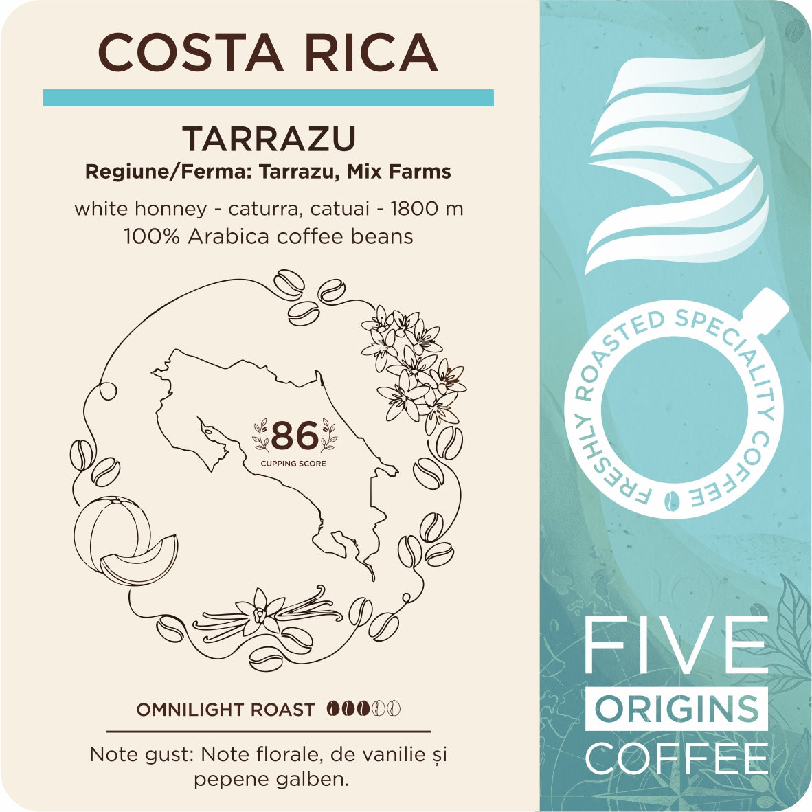 eticheta produs Pungă de cafea de specialitate Costa Rica Tarrazu Five Origins Coffee, procesare white honey, cu note florale, vanilie și pepene galben