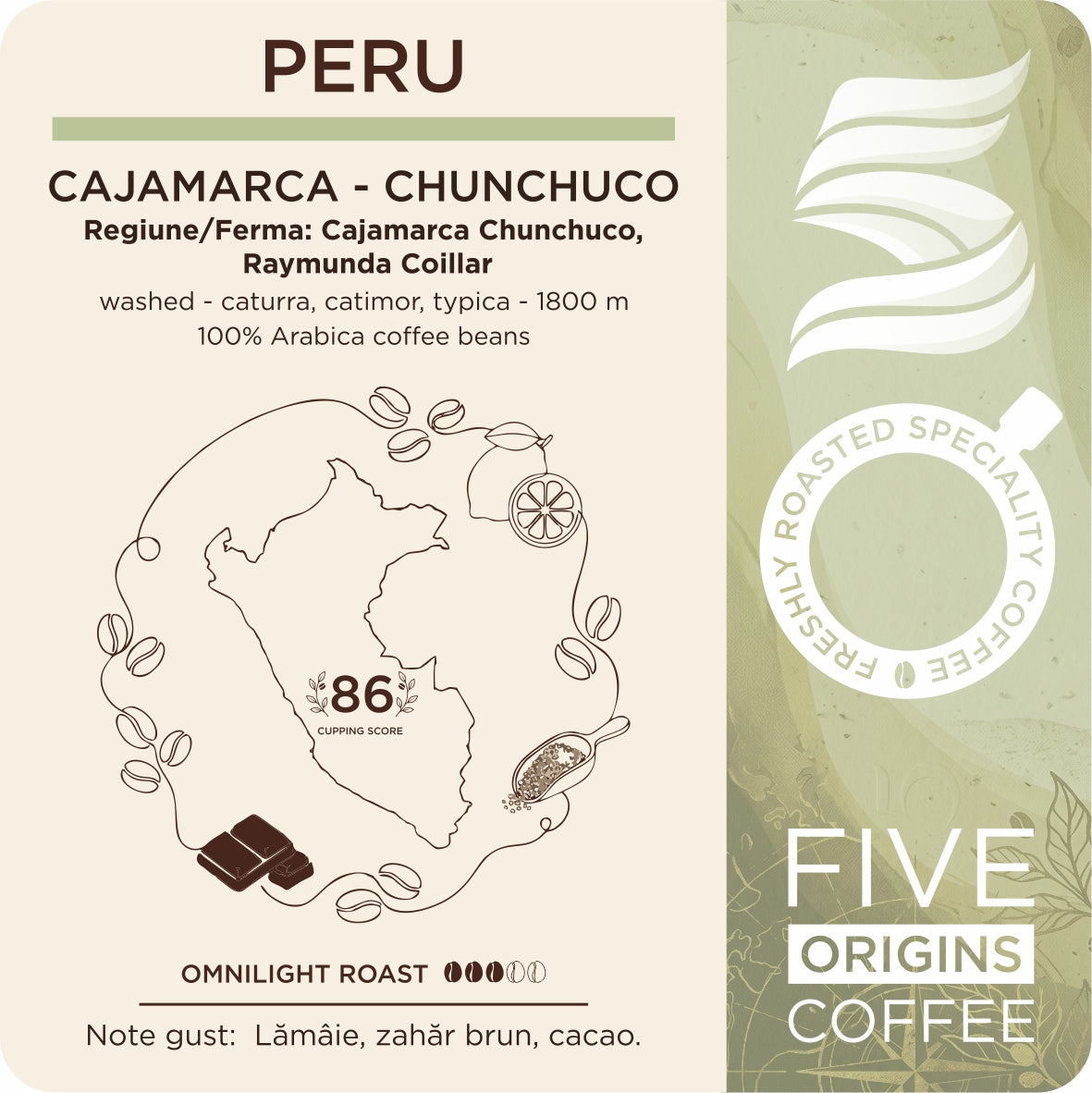 eticheta produs Cafea de specialitate Peru Cajamarca Chunchuco Five Origins, procesare washed, cu note de lămâie, zahăr brun și cacao