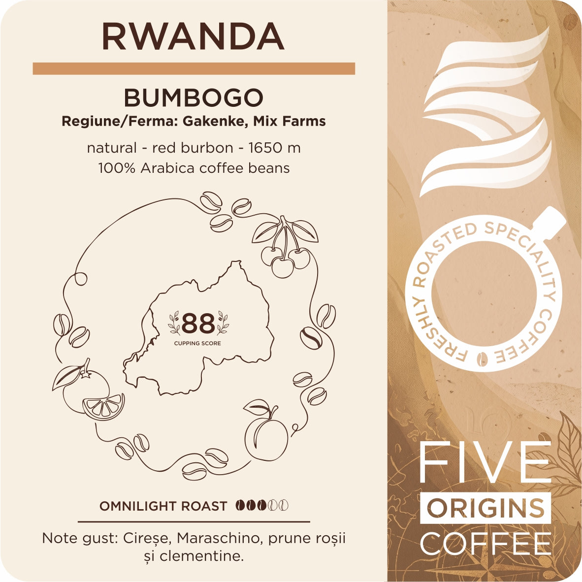eticheta produsului Cafea de specialitate Rwanda Bumbogo Five Origins Coffee, pachet premium cu note de cireșe, Maraschino, prune roșii și clementine
