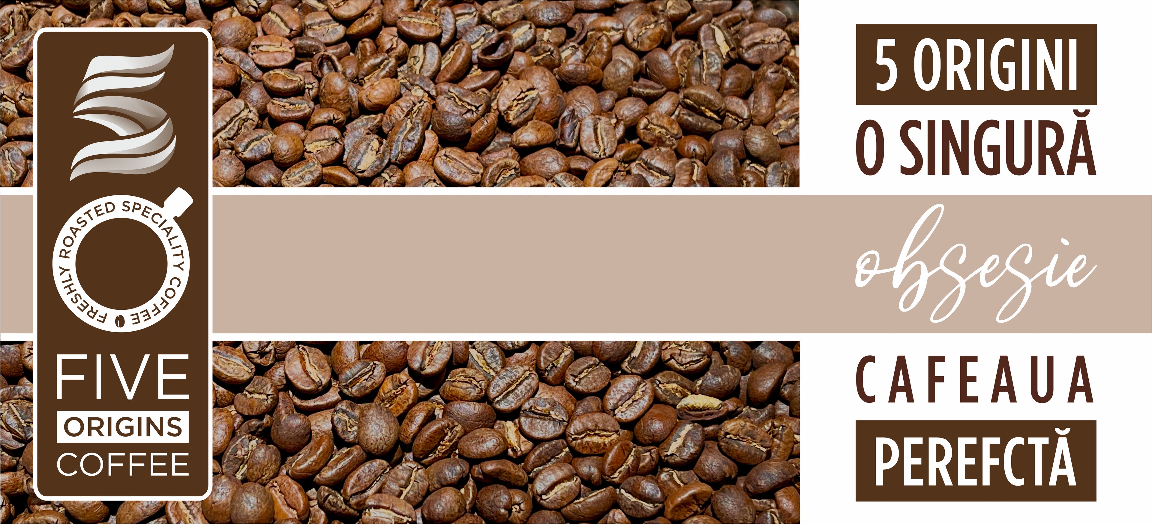 Five Origins Coffee packaging with coffee beans and branding elements.