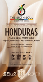 Coffee packaging for 'The Sixth Soul' Honduras coffee with branding and roast information.