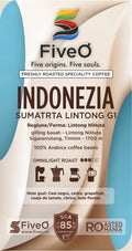 FiveO coffee package with 'Indonezia Sumatra Lintong G1' branding and roast information.