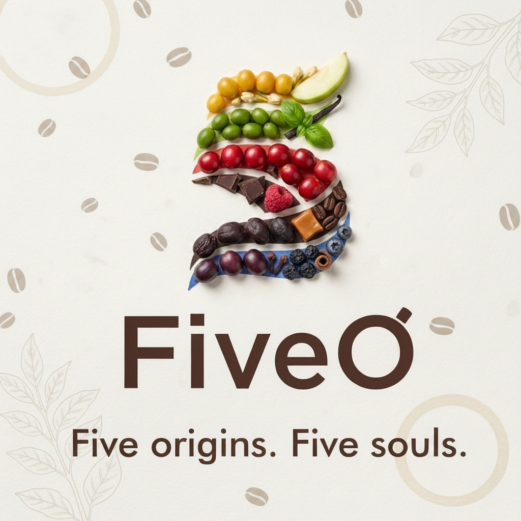 Colorful fruit arrangement shaped like a '5' with the brand 'FiveO' and tagline on a light background.