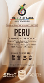 Coffee label for 'The Sixth Soul' Peru coffee with roast information and branding.