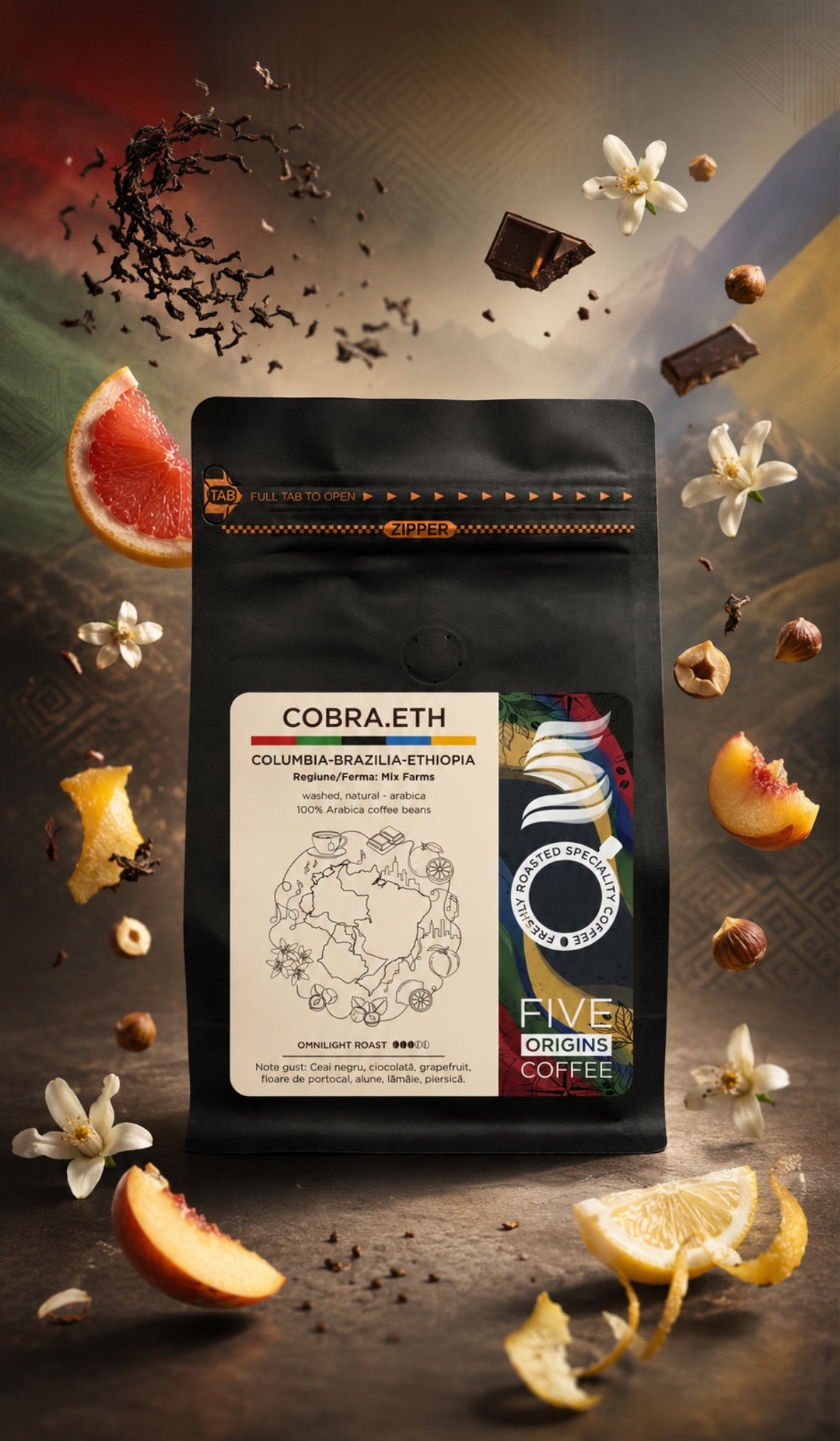 Cafea de specialitate Five Origins COBRA.ETH blend Columbia Brazilia Etiopia cu note de ceai negru, ciocolată, grapefruit, floare de portocal, alune, lămâie și piersică