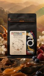 Cafea de specialitate Morning Star Brazilia Etiopia Five Origins, blend arabica cu note de caramel, zahăr brun, fructe de pădure și iasomie
