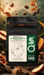 Pungă neagră premium Five Origins Coffee Brazilia Bossa Nova, cafea de specialitate 100% Arabica din Minas Gerais, cu note de caramel, nuci, portocale, ciocolată, măr roșu și stafide