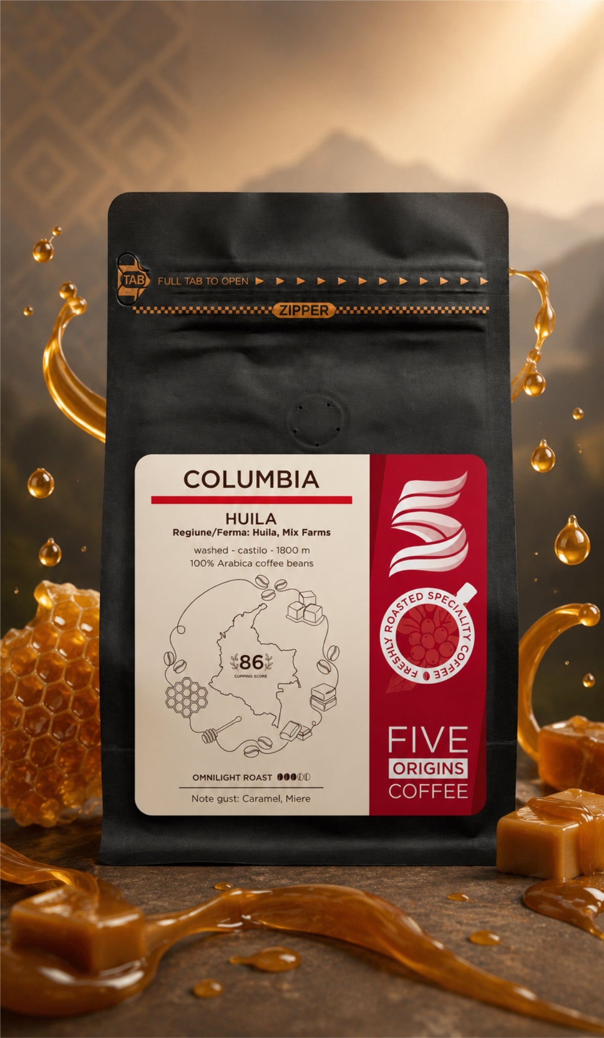 Cafea de specialitate Five Origins Columbia Huila, pungă neagră premium, cu note de caramel și miere, în decor elegant cu miere și caramel.