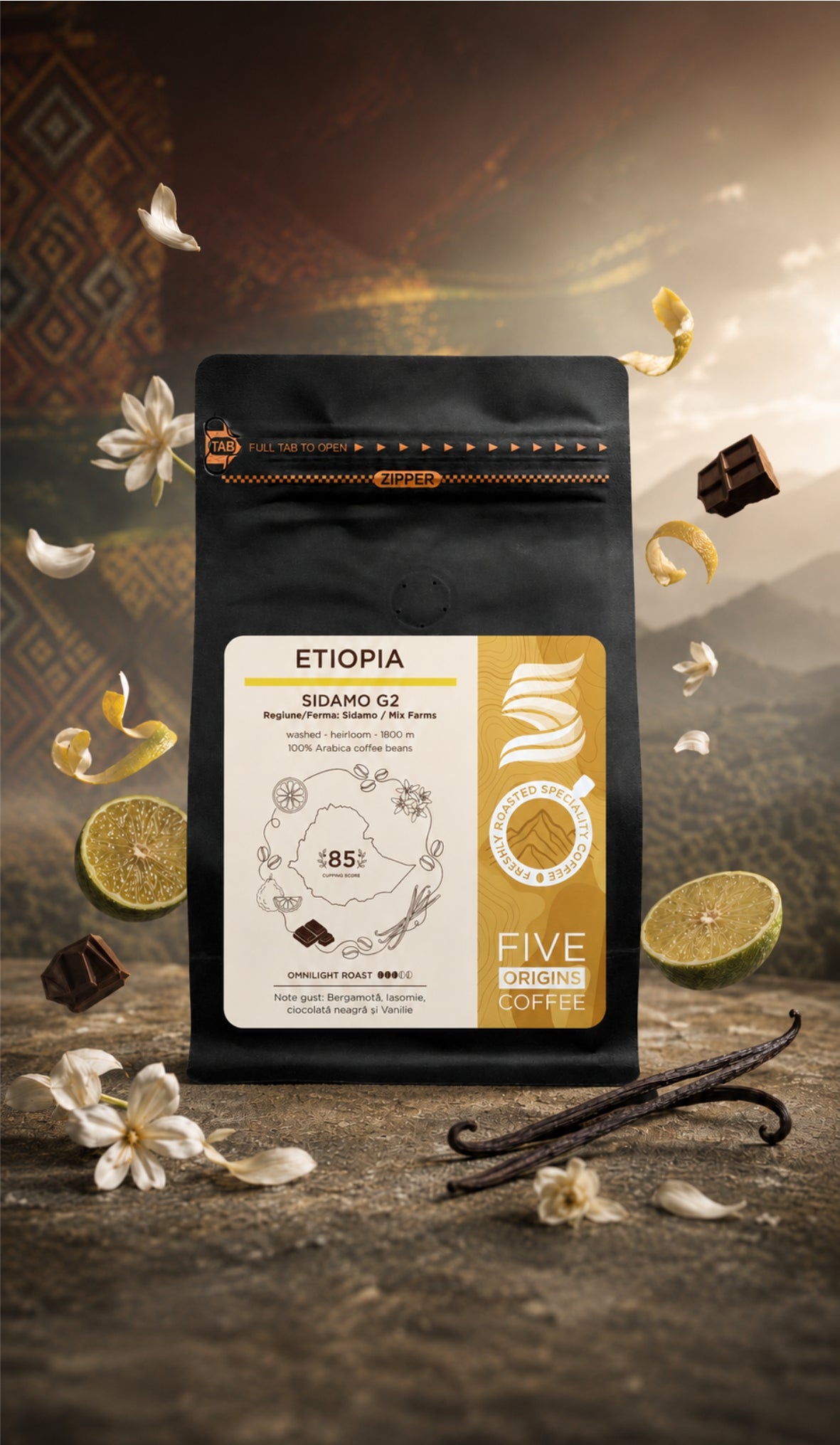 
Cafea de specialitate Etiopia Sidamo G2 Five Origins, prăjire omnilight, cu note de bergamotă, iasomie, vanilie și ciocolată neagră