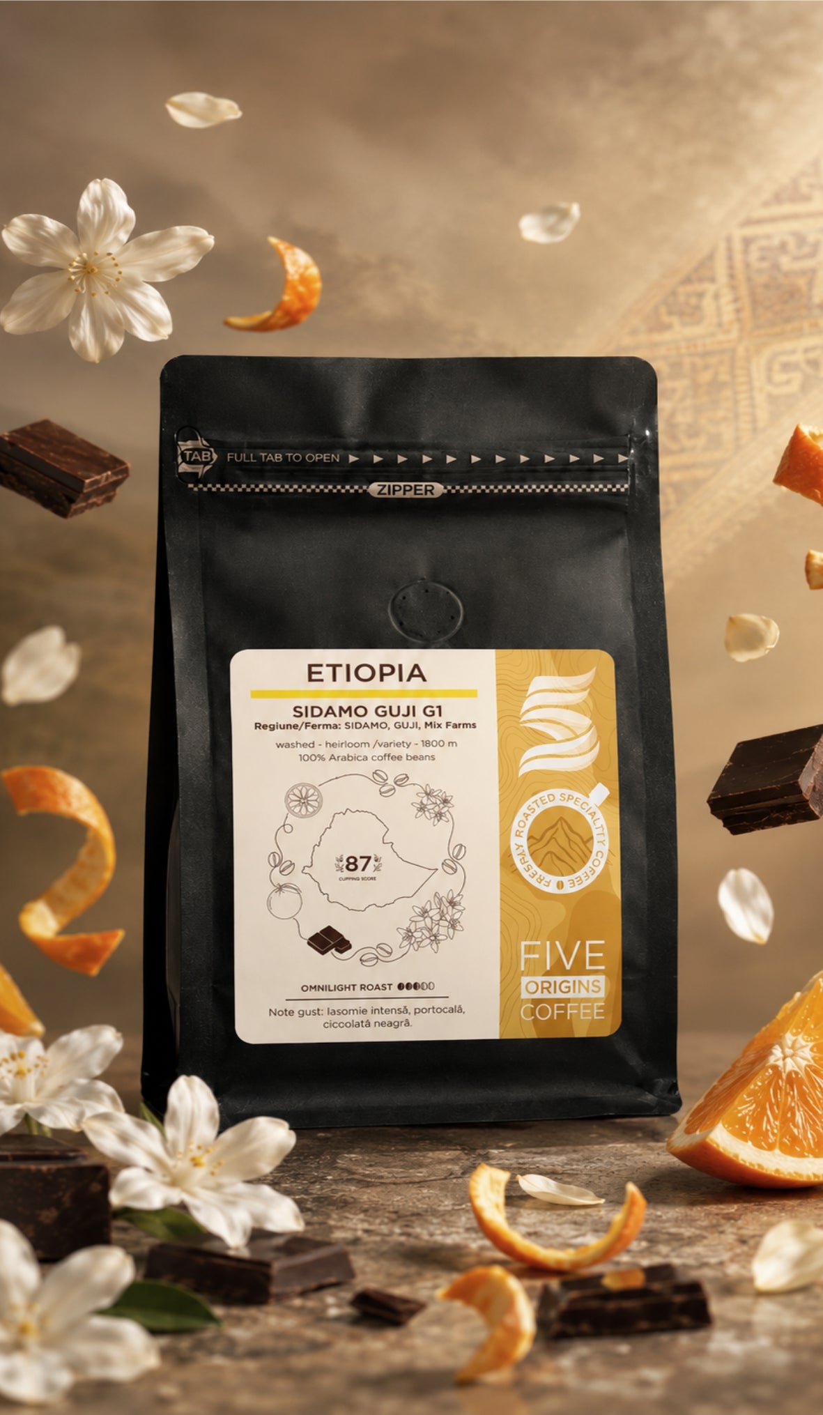 Cafea de specialitate Five Origins Etiopia Sidamo Guji G1, cu note de iasomie, portocală și ciocolată neagră.