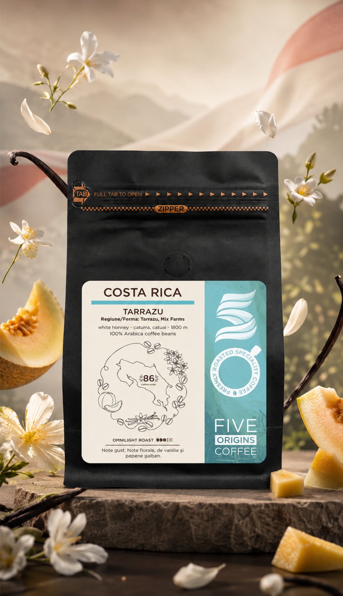 Pungă de cafea de specialitate Costa Rica Tarrazu Five Origins Coffee, procesare white honey, cu note florale, vanilie și pepene galben