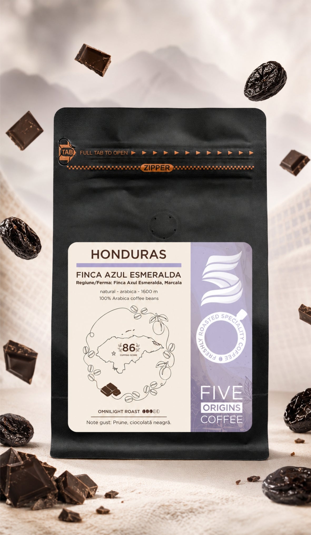 Pungă de cafea de specialitate Five Origins Honduras Finca Azul Esmeralda, cu prune și ciocolată neagră