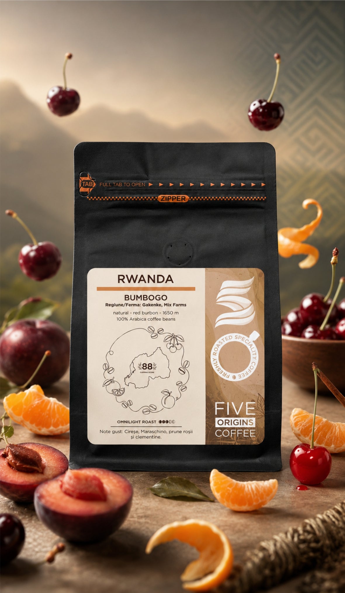 Cafea de specialitate Rwanda Bumbogo Five Origins Coffee, pachet premium cu note de cireșe, Maraschino, prune roșii și clementine