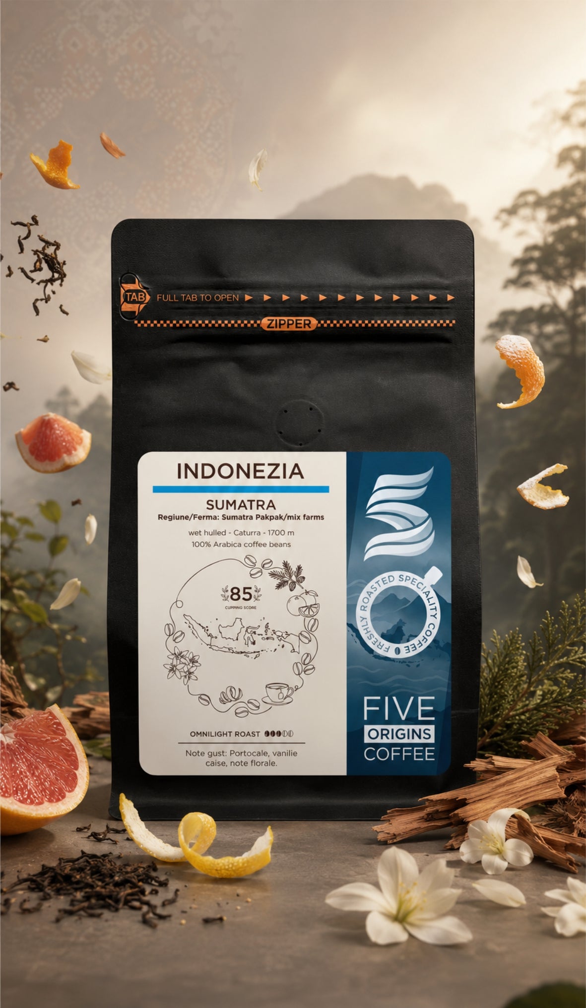 Cafea de specialitate Five Origins Indonezia Sumatra, Wet-Hulled, cu note de ceai negru, cedru, grapefruit, coajă de lămâie, citrice și flori
