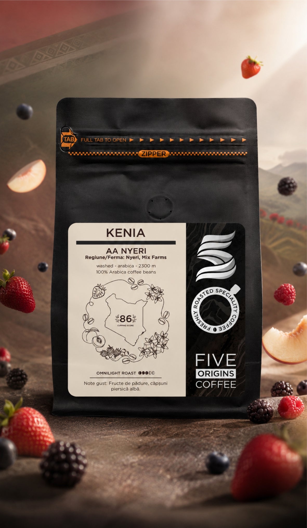 Cafea de specialitate Five Origins Kenia AA Nyeri, boabe 100% Arabica, procesare washed, cu note de fructe de pădure, căpșuni și piersică albă
